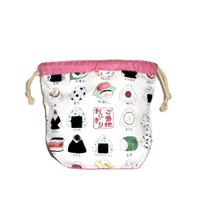 【底マチ幅が広い巾着】◆ご当地おにぎり×白地・ピンク◆裏地あり巾着 < 女性ファッション 【底マチ幅が広い巾着】◆ご当地おにぎり×白地・ピンク◆裏地あり巾着 < 女性ファッションの