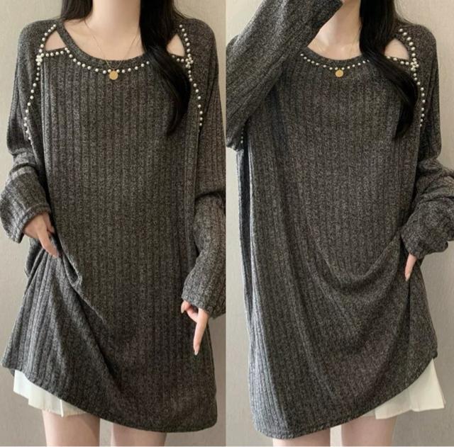 ロング丈 ニット ストライプ パール付き チュニック グレー系 大きいサイズ < 女性ファッション ロング丈 ニット ストライプ パール付き チュニック グレー系 大きいサイズ < 女性ファッションの