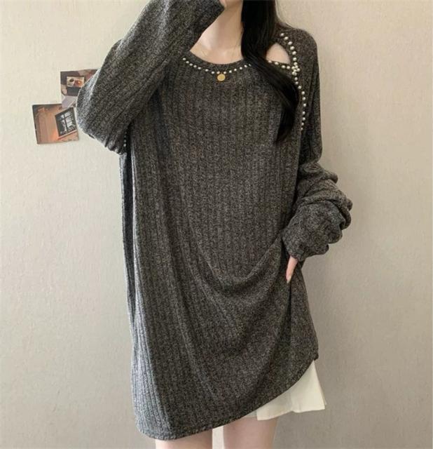 ロング丈 ニット ストライプ パール付き チュニック グレー系 大きいサイズ < 女性ファッション ロング丈 ニット ストライプ パール付き チュニック グレー系 大きいサイズ < 女性ファッションの