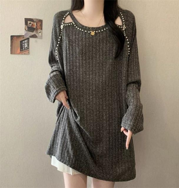 ロング丈 ニット ストライプ パール付き チュニック グレー系 大きいサイズ < 女性ファッション ロング丈 ニット ストライプ パール付き チュニック グレー系 大きいサイズ < 女性ファッションの