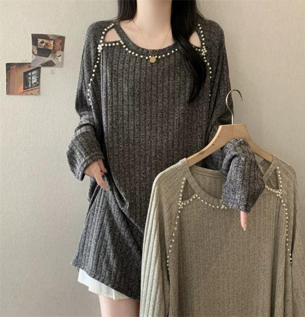 ロング丈 ニット ストライプ パール付き チュニック グレー系 大きいサイズ < 女性ファッション ロング丈 ニット ストライプ パール付き チュニック グレー系 大きいサイズ < 女性ファッションの