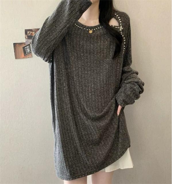 ロング丈 ニット ストライプ パール付き チュニック グレー系 大きいサイズ < 女性ファッション ロング丈 ニット ストライプ パール付き チュニック グレー系 大きいサイズ < 女性ファッションの