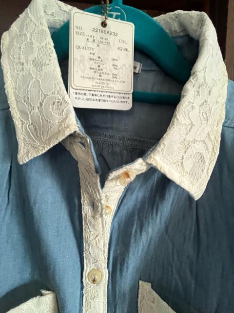 Mサイズ!襟!ポケット!レース使い!エレガントな!薄手デニム素材!フレアーノースリーブシャツ!新品タグ付き! < 女性ファッション  Mサイズ!襟!ポケット!レース使い!エレガントな!薄手デニム素材!フレアーノースリーブシャツ!新品タグ付き! < 女性ファッションの