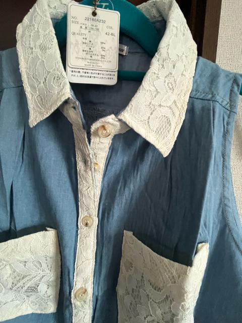 Mサイズ!襟!ポケット!レース使い!エレガントな!薄手デニム素材!フレアーノースリーブシャツ!新品タグ付き! < 女性ファッション  Mサイズ!襟!ポケット!レース使い!エレガントな!薄手デニム素材!フレアーノースリーブシャツ!新品タグ付き! < 女性ファッションの