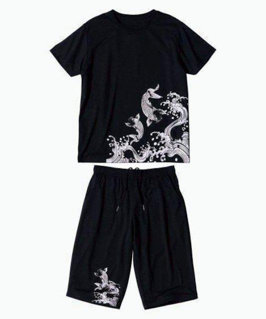 Mサイズ!男!際立つ!和柄and黒色合い!吸汗速乾素材!半袖Tシャツandハーフパンツ!の2点セット!新品! < 男性ファッション  Mサイズ!男!際立つ!和柄and黒色合い!吸汗速乾素材!半袖Tシャツandハーフパンツ!の2点セット!新品!  < 男性ファッションの