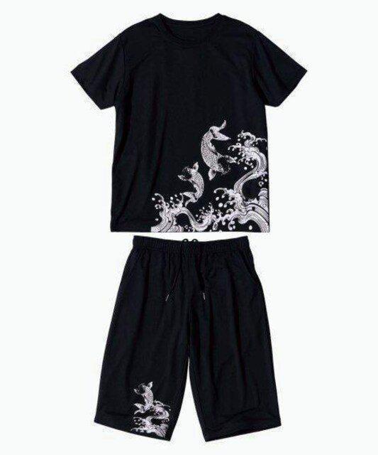 Mサイズ!男!際立つ!和柄and黒色合い!吸汗速乾素材!半袖Tシャツandハーフパンツ!の2点セット!新品! < 男性ファッション  Mサイズ!男!際立つ!和柄and黒色合い!吸汗速乾素材!半袖Tシャツandハーフパンツ!の2点セット!新品! < 男性ファッションの