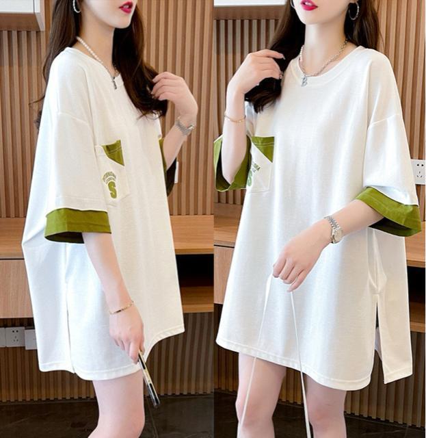 ゆったりロングtシャツ 刺繍英字柄 配色 ホワイト 大きいサイズ < 女性ファッション ゆったりロングtシャツ 刺繍英字柄 配色 ホワイト 大きいサイズ < 女性ファッションの