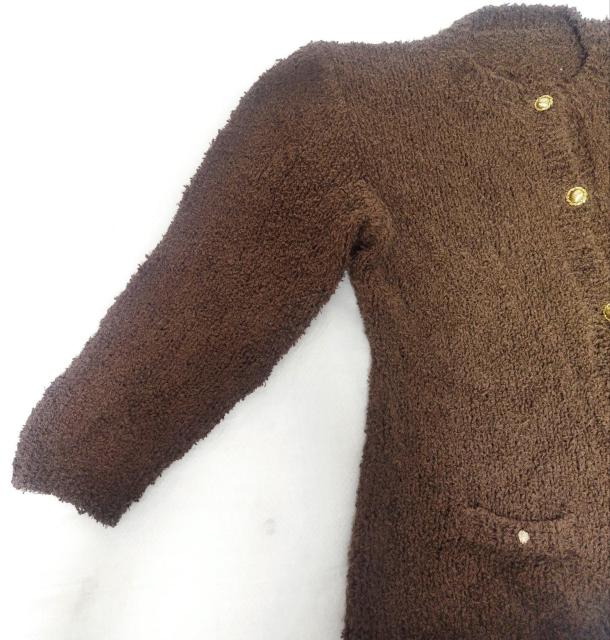 茶 金ボタン ノーカラージャケット風カーディガン ハンドメイド 手編み < 女性ファッション  茶 金ボタン ノーカラージャケット風カーディガン ハンドメイド 手編み < 女性ファッションの