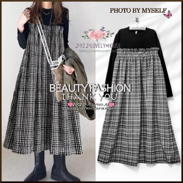 〜3L*重ね着風胸元ギャザーベアトップ風チェックワンヒ < 女性ファッション 〜3L*重ね着風胸元ギャザーベアトップ風チェックワンヒ < 女性ファッションの