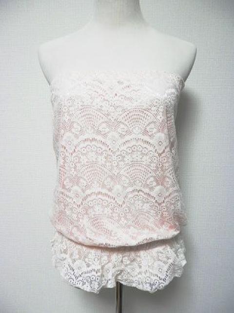 SpanishHarlem白レースベビーピンクガーリー光沢ベアトップ < 女性ファッション SpanishHarlem白レースベビーピンクガーリー光沢ベアトップ < 女性ファッションの