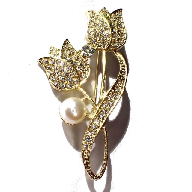 チューリップ 花 ラインストーン 人工パール ピンブローチ ブローチ ピンバッジ バッジ コサージュ ラペルピン 金色 < 女性アクセサリー/時計  チューリップ 花 ラインストーン 人工パール ピンブローチ ブローチ ピンバッジ バッジ コサージュ ラペルピン 金色  < 女性アクセサリー/時計の