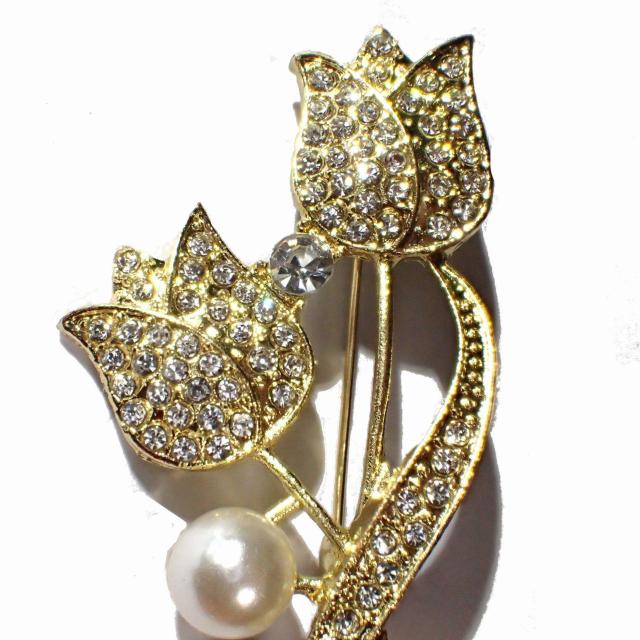 チューリップ 花 ラインストーン 人工パール ピンブローチ ブローチ ピンバッジ バッジ コサージュ ラペルピン 金色 < 女性アクセサリー/時計  チューリップ 花 ラインストーン 人工パール ピンブローチ ブローチ ピンバッジ バッジ コサージュ ラペルピン 金色 < 女性アクセサリー/時計の