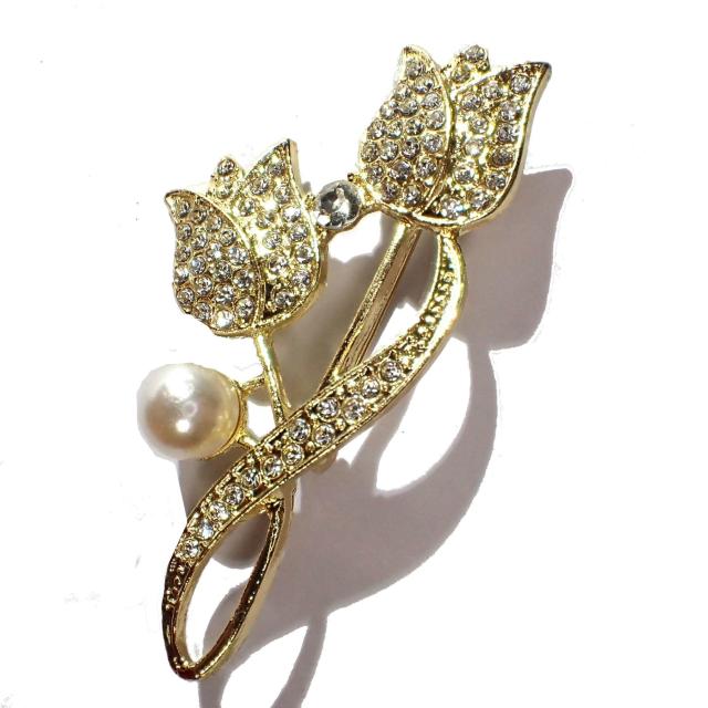 チューリップ 花 ラインストーン 人工パール ピンブローチ ブローチ ピンバッジ バッジ コサージュ ラペルピン 金色 < 女性アクセサリー/時計  チューリップ 花 ラインストーン 人工パール ピンブローチ ブローチ ピンバッジ バッジ コサージュ ラペルピン 金色 < 女性アクセサリー/時計の