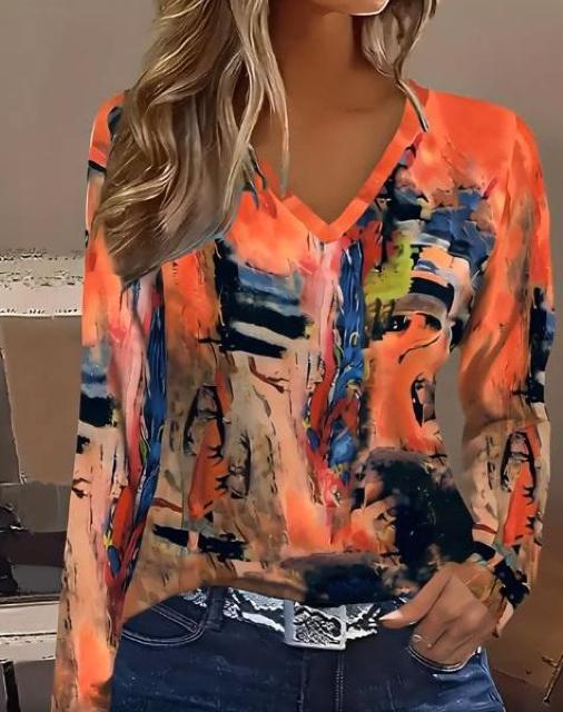 超お買い得890円★レディース アブストラクトアートプリント Vネック 長袖Tシャツ  USAサイズM(日本サイズL相当) < 女性ファッション  超お買い得890円★レディース アブストラクトアートプリント Vネック 長袖Tシャツ  USAサイズM(日本サイズL相当)  < 女性ファッションの