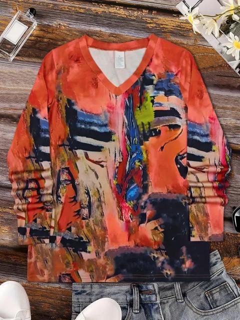 超お買い得890円★レディース アブストラクトアートプリント Vネック 長袖Tシャツ  USAサイズM(日本サイズL相当) < 女性ファッション  超お買い得890円★レディース アブストラクトアートプリント Vネック 長袖Tシャツ  USAサイズM(日本サイズL相当) < 女性ファッションの
