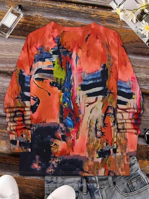 超お買い得890円★レディース アブストラクトアートプリント Vネック 長袖Tシャツ  USAサイズM(日本サイズL相当) < 女性ファッション  超お買い得890円★レディース アブストラクトアートプリント Vネック 長袖Tシャツ  USAサイズM(日本サイズL相当) < 女性ファッションの