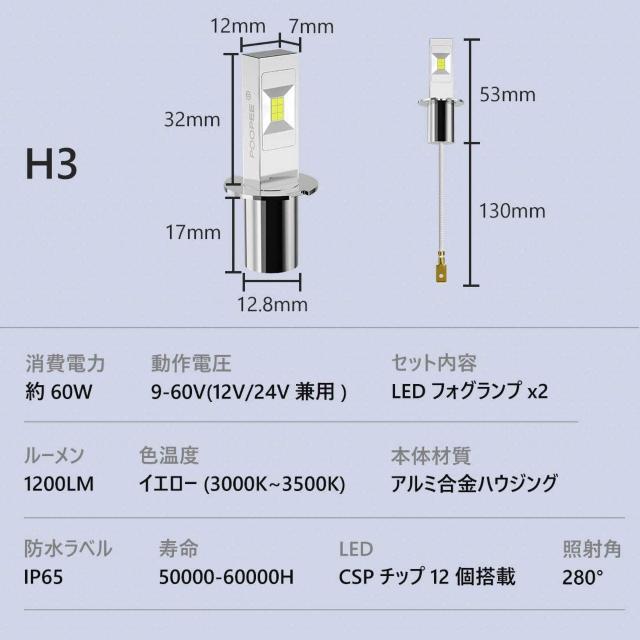 LEDフォグランプ H3 黄色 イエロー 60W 1200LM 3000K 12V/24V兼用 無極性  2本セット < 自動車/バイク LEDフォグランプ H3 黄色 イエロー 60W 1200LM 3000K 12V/24V兼用 無極性  2本セット < 自動車/バイク