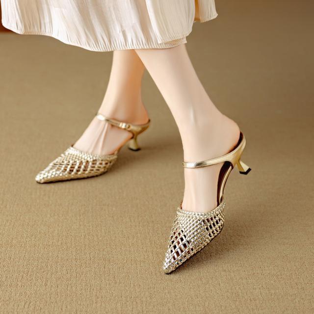 ポインテッドトゥ編みハラコレザーサンダルスリッパ全3色 < 女性ファッション  ポインテッドトゥ編みハラコレザーサンダルスリッパ全3色 < 女性ファッションの