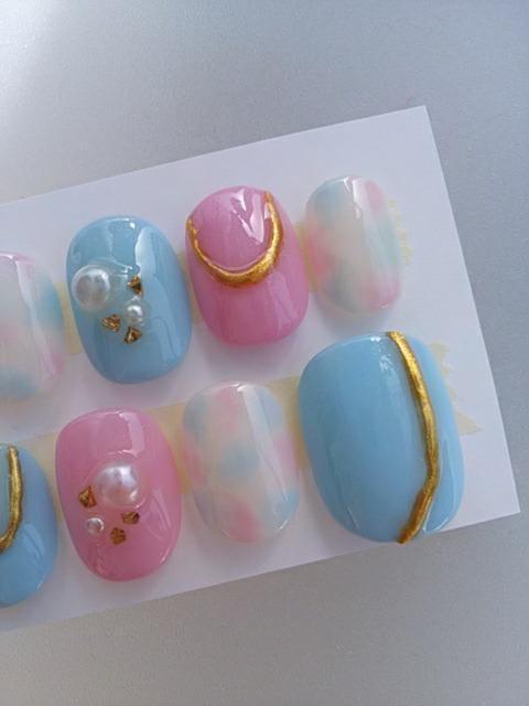 ジェルネイル.ピンク&水色.タイダイ柄.ゴールドライン.ショート < 香水/コスメ/ネイル  ジェルネイル.ピンク&水色.タイダイ柄.ゴールドライン.ショート < 香水/コスメ/ネイルの