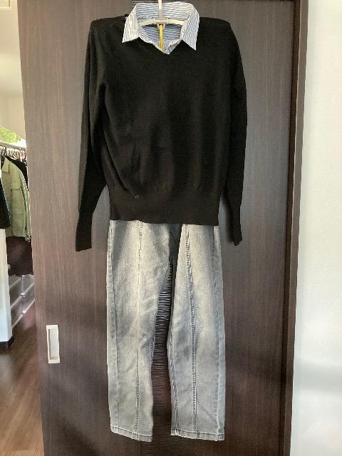 SHUCAストライプシャツ、Vネックニット/chocol raffine robe GUMストレッチパネルデニム < ブランド SHUCAストライプシャツ、Vネックニット/chocol raffine robe GUMストレッチパネルデニム < ブランドの