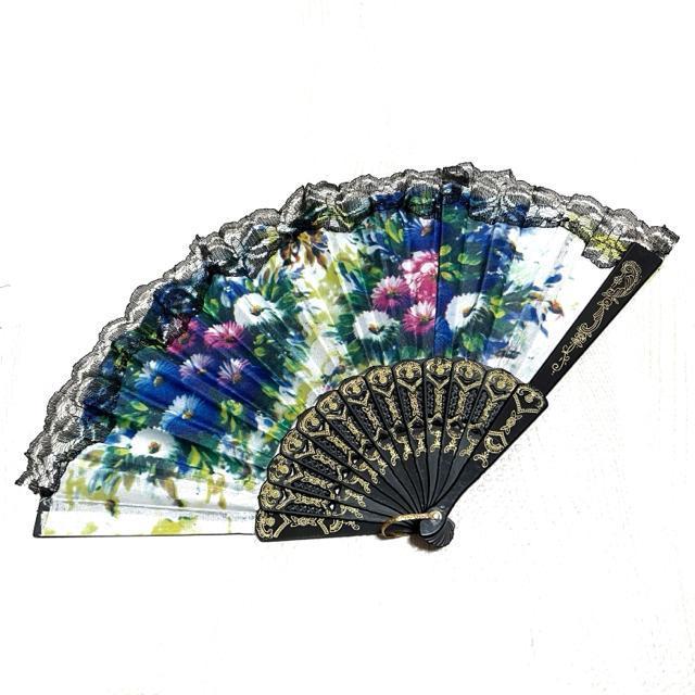 【美品】ビンテージ風 花柄扇子/ブルー×パープル×ホワイト < 女性ファッション  【美品】ビンテージ風 花柄扇子/ブルー×パープル×ホワイト < 女性ファッションの
