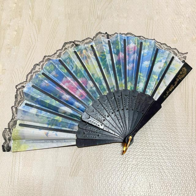 【美品】ビンテージ風 花柄扇子/ブルー×パープル×ホワイト < 女性ファッション  【美品】ビンテージ風 花柄扇子/ブルー×パープル×ホワイト < 女性ファッションの