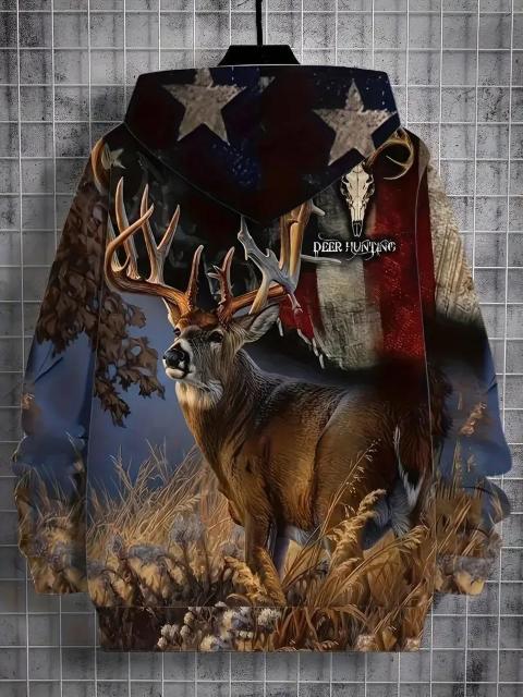 超お買い得1490円★鹿狩り3Dプリント入りメンズ ポリエステルパーカー - フード付き USAサイズM(日本サイズXL相当) < 男性ファッション  超お買い得1490円★鹿狩り3Dプリント入りメンズ ポリエステルパーカー - フード付き USAサイズM(日本サイズXL相当) < 男性ファッションの