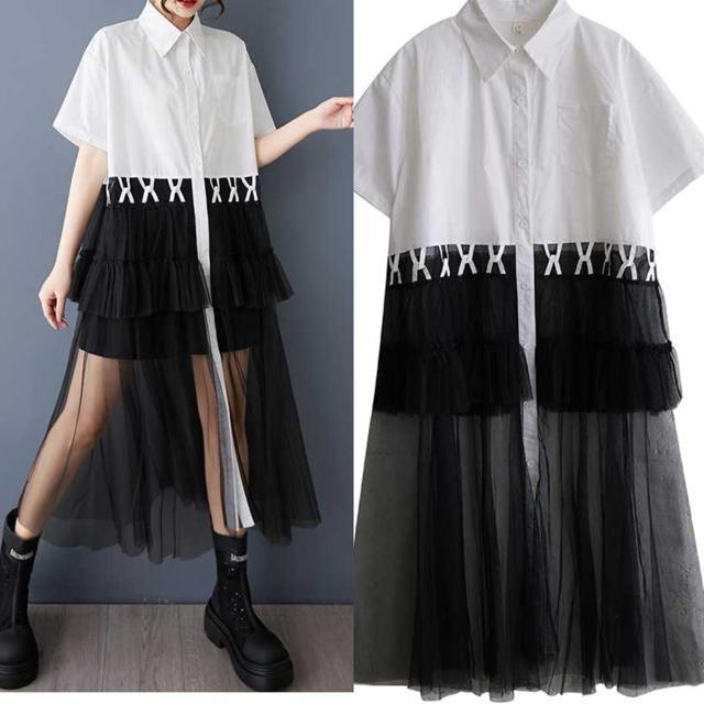 前開き シースルー レース切り替え シャツワンピース バイカラー  大きいサイズ < 女性ファッション  前開き シースルー レース切り替え シャツワンピース バイカラー  大きいサイズ  < 女性ファッションの