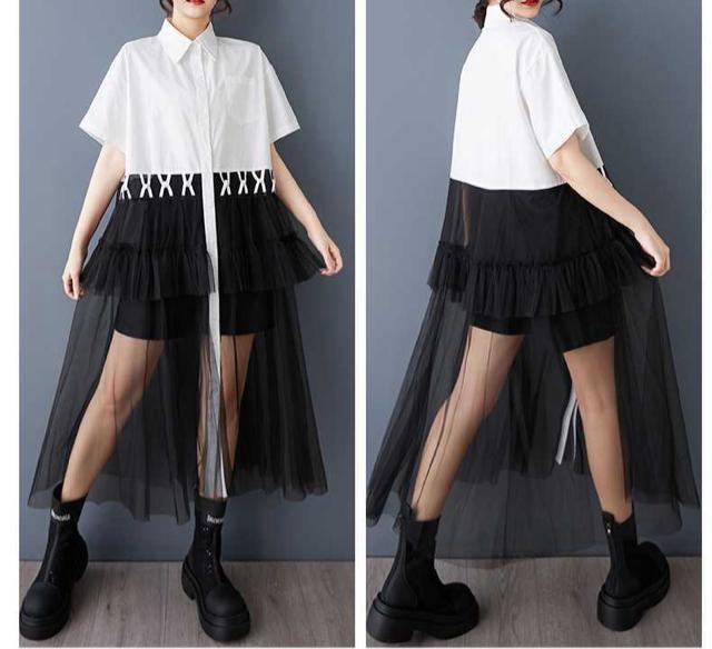 前開き シースルー レース切り替え シャツワンピース バイカラー  大きいサイズ < 女性ファッション  前開き シースルー レース切り替え シャツワンピース バイカラー  大きいサイズ < 女性ファッションの