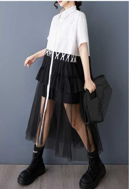 前開き シースルー レース切り替え シャツワンピース バイカラー  大きいサイズ < 女性ファッション  前開き シースルー レース切り替え シャツワンピース バイカラー  大きいサイズ < 女性ファッションの