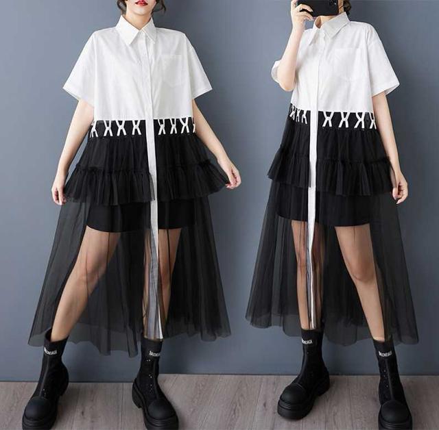 前開き シースルー レース切り替え シャツワンピース バイカラー  大きいサイズ < 女性ファッション  前開き シースルー レース切り替え シャツワンピース バイカラー  大きいサイズ < 女性ファッションの