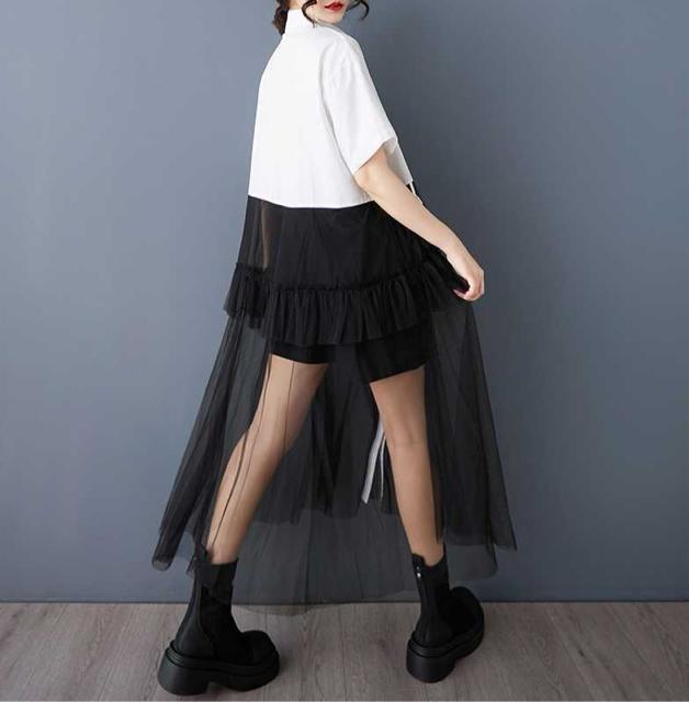 前開き シースルー レース切り替え シャツワンピース バイカラー  大きいサイズ < 女性ファッション  前開き シースルー レース切り替え シャツワンピース バイカラー  大きいサイズ < 女性ファッションの