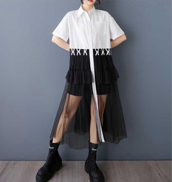 前開き シースルー レース切り替え シャツワンピース バイカラー  大きいサイズ < 女性ファッション  前開き シースルー レース切り替え シャツワンピース バイカラー  大きいサイズ < 女性ファッションの