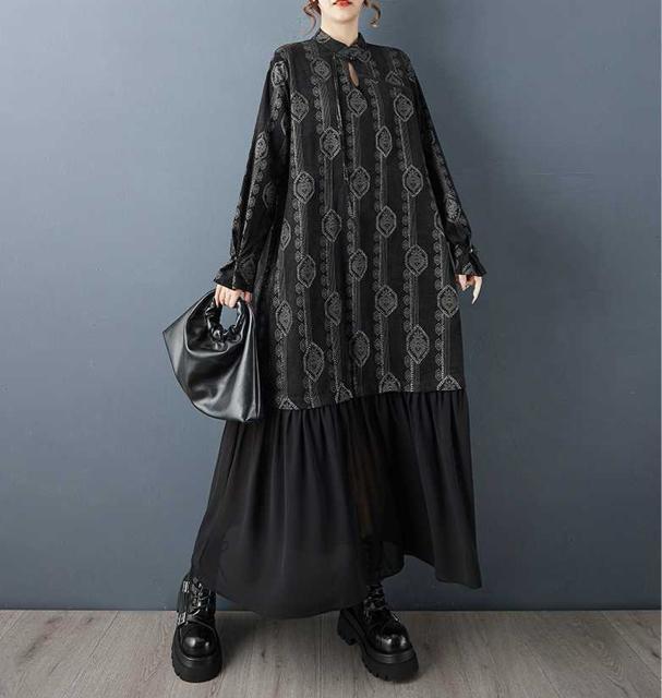 ロング丈 キラキララメ入りワンピース シフォン切り替え ブラック 大きいサイズ < 女性ファッション ロング丈 キラキララメ入りワンピース シフォン切り替え ブラック 大きいサイズ < 女性ファッションの