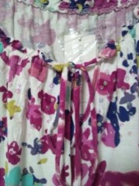 白地ピンク花柄ブルー黄色七分袖シャツカットソー綿スパン付きM < 女性ファッション  白地ピンク花柄ブルー黄色七分袖シャツカットソー綿スパン付きM < 女性ファッションの