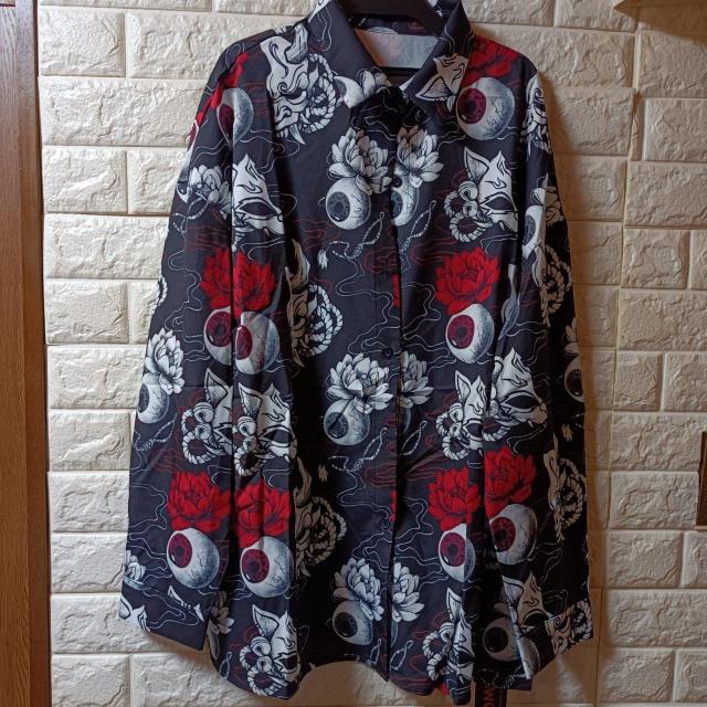 新品★般若面と目玉の和柄プリント長袖シャツ/L < 女性ファッション  新品★般若面と目玉の和柄プリント長袖シャツ/L  < 女性ファッションの