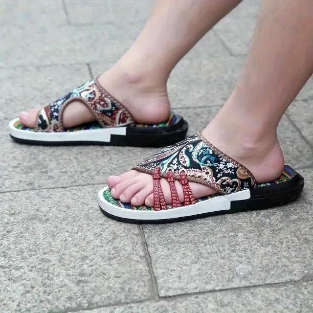 爆ヤス価格2290円★ヴィンテージ風メンズ サマーサンダル - ストライプ&ペイズリー柄 滑り止めラバーソール26.5黒 < 男性ファッション 爆ヤス価格2290円★ヴィンテージ風メンズ サマーサンダル - ストライプ&ペイズリー柄 滑り止めラバーソール26.5黒 < 男性ファッションの