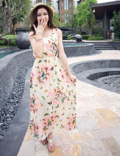 蝶と花柄 レディース ロング丈 シフォン ワンピース フリーサイズ  < 女性ファッション  蝶と花柄 レディース ロング丈 シフォン ワンピース フリーサイズ   < 女性ファッションの