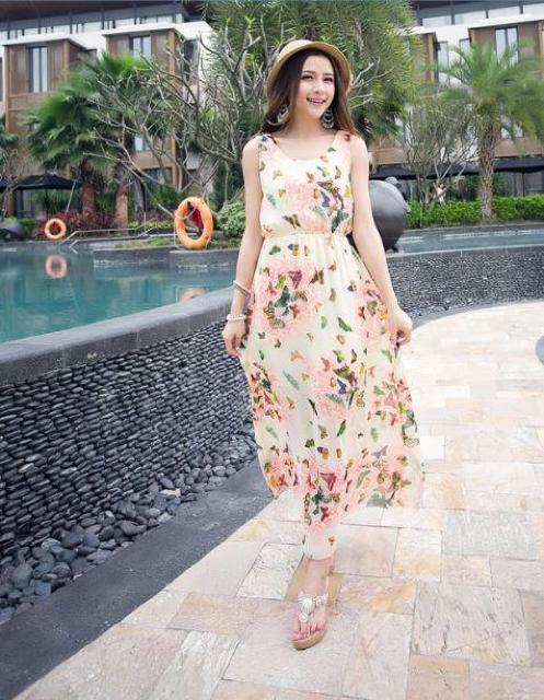 蝶と花柄 レディース ロング丈 シフォン ワンピース フリーサイズ  < 女性ファッション  蝶と花柄 レディース ロング丈 シフォン ワンピース フリーサイズ  < 女性ファッションの