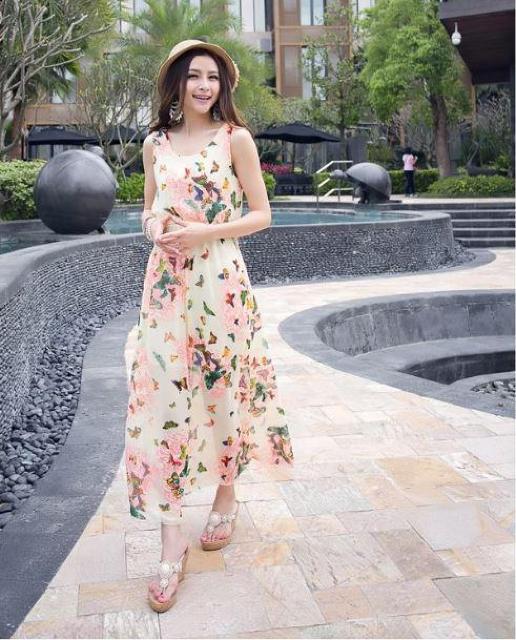 蝶と花柄 レディース ロング丈 シフォン ワンピース フリーサイズ  < 女性ファッション  蝶と花柄 レディース ロング丈 シフォン ワンピース フリーサイズ  < 女性ファッションの