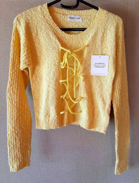 HEART TIME トップス M ニット プルオーバー 長袖 カットソー セーター リボン シャツ Tシャツ イエロー 黄色 < 女性ファッション  HEART TIME トップス M ニット プルオーバー 長袖 カットソー セーター リボン シャツ Tシャツ イエロー 黄色  < 女性ファッションの