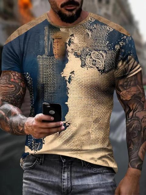 超お買い得1090円★メンズ 幾何学プリントTシャツ - 青&ゴールド コントラストデザイン USAサイズM(日本サイズXL相当) < 男性ファッション  超お買い得1090円★メンズ 幾何学プリントTシャツ - 青&ゴールド コントラストデザイン USAサイズM(日本サイズXL相当)  < 男性ファッションの