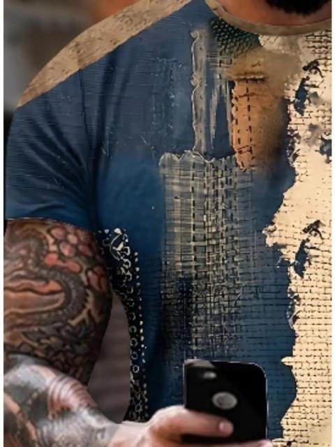 超お買い得1090円★メンズ 幾何学プリントTシャツ - 青&ゴールド コントラストデザイン USAサイズM(日本サイズXL相当) < 男性ファッション  超お買い得1090円★メンズ 幾何学プリントTシャツ - 青&ゴールド コントラストデザイン USAサイズM(日本サイズXL相当) < 男性ファッションの