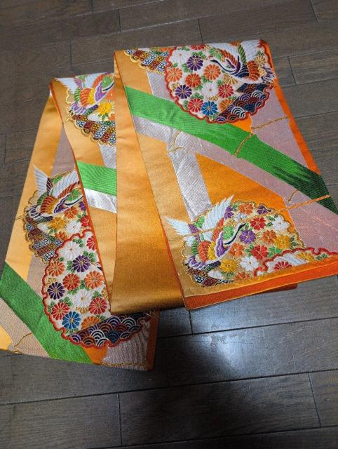 USED美品、六通、袋帯、オレンジ系、鶴花竹 < 女性ファッション  USED美品、六通、袋帯、オレンジ系、鶴花竹  < 女性ファッションの