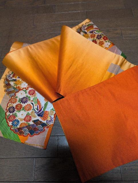USED美品、六通、袋帯、オレンジ系、鶴花竹 < 女性ファッション  USED美品、六通、袋帯、オレンジ系、鶴花竹 < 女性ファッションの