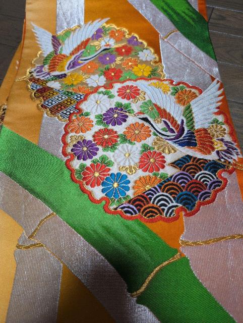 USED美品、六通、袋帯、オレンジ系、鶴花竹 < 女性ファッション  USED美品、六通、袋帯、オレンジ系、鶴花竹 < 女性ファッションの