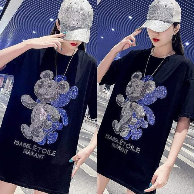 ゆったりtシャツ  ロング丈キラキララインストーン付き ダブルクマ柄 大きいサイズ < 女性ファッション  ゆったりtシャツ  ロング丈キラキララインストーン付き ダブルクマ柄 大きいサイズ  < 女性ファッションの