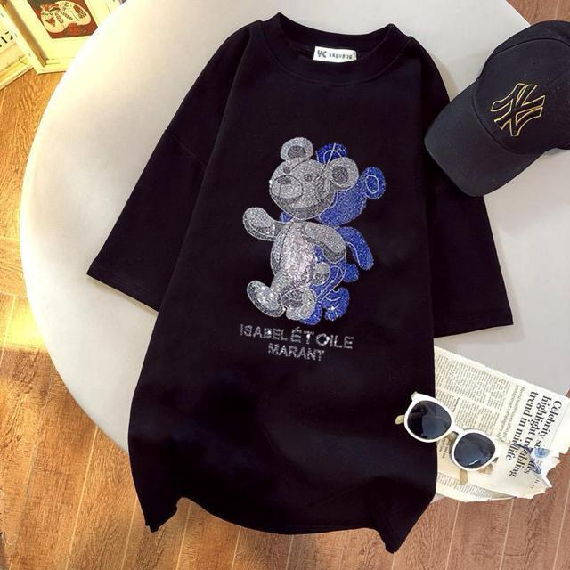 ゆったりtシャツ  ロング丈キラキララインストーン付き ダブルクマ柄 大きいサイズ < 女性ファッション  ゆったりtシャツ  ロング丈キラキララインストーン付き ダブルクマ柄 大きいサイズ < 女性ファッションの