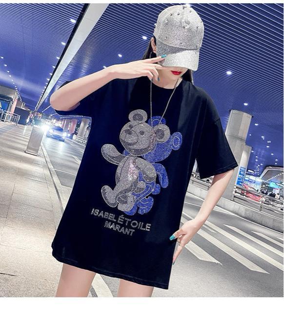 ゆったりtシャツ  ロング丈キラキララインストーン付き ダブルクマ柄 大きいサイズ < 女性ファッション  ゆったりtシャツ  ロング丈キラキララインストーン付き ダブルクマ柄 大きいサイズ < 女性ファッションの