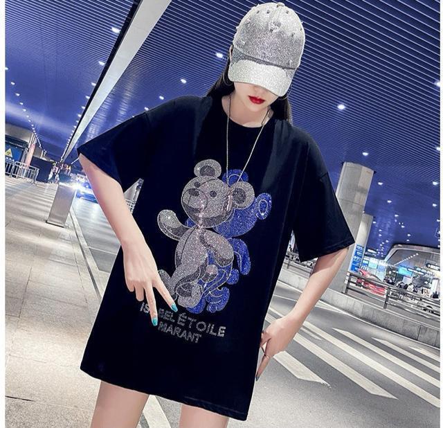ゆったりtシャツ  ロング丈キラキララインストーン付き ダブルクマ柄 大きいサイズ < 女性ファッション  ゆったりtシャツ  ロング丈キラキララインストーン付き ダブルクマ柄 大きいサイズ < 女性ファッションの